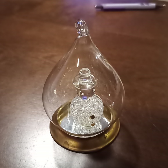 Vintage Blown Glass Teardrop w/Base Spun Glass Snowman Ornament Inside on Stand - Picture 2 of 6